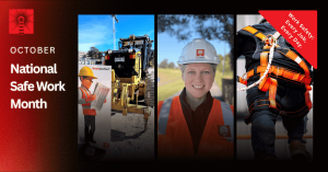 National Safe Work Month 2025 banner with workers in PPE, fall protection harness, and safety theme text ‘Every Job, Every Day