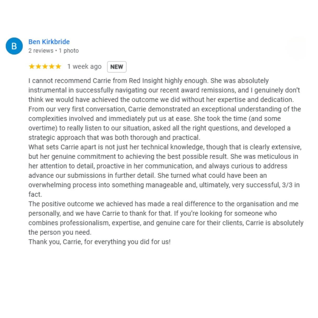 Google review from Ben Kirkbride, Head of Health, Safety and Quality at Gamuda Australia, praising Red Insight’s WHS award submission support.