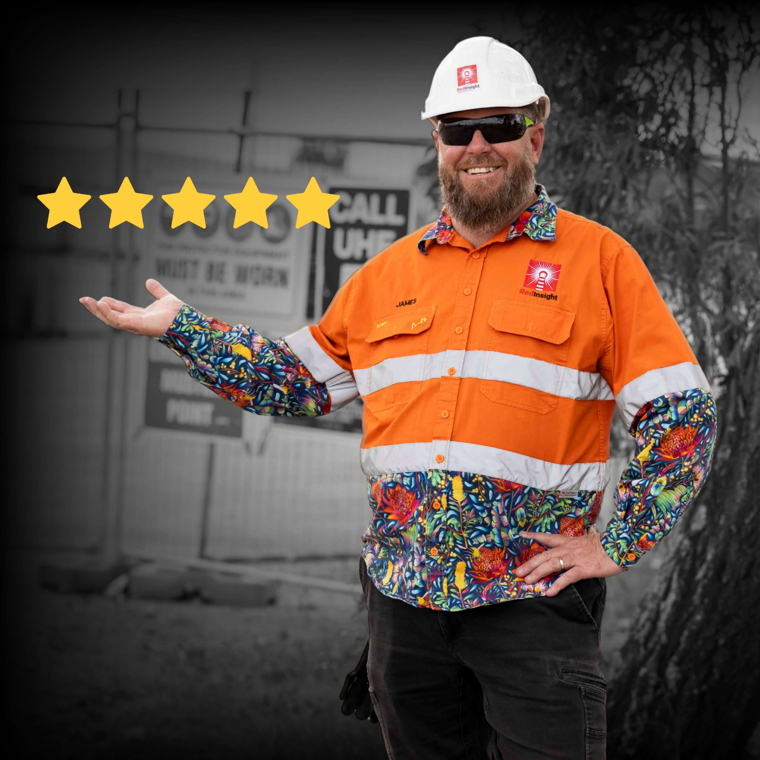 Photo of Senior WHS Consultant James Brown standing in front of industrial backdrop with a five star Google review overlay.