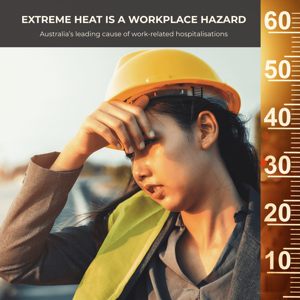 Worker in PPE experiencing heat stress during extreme heat in an Australian workplace