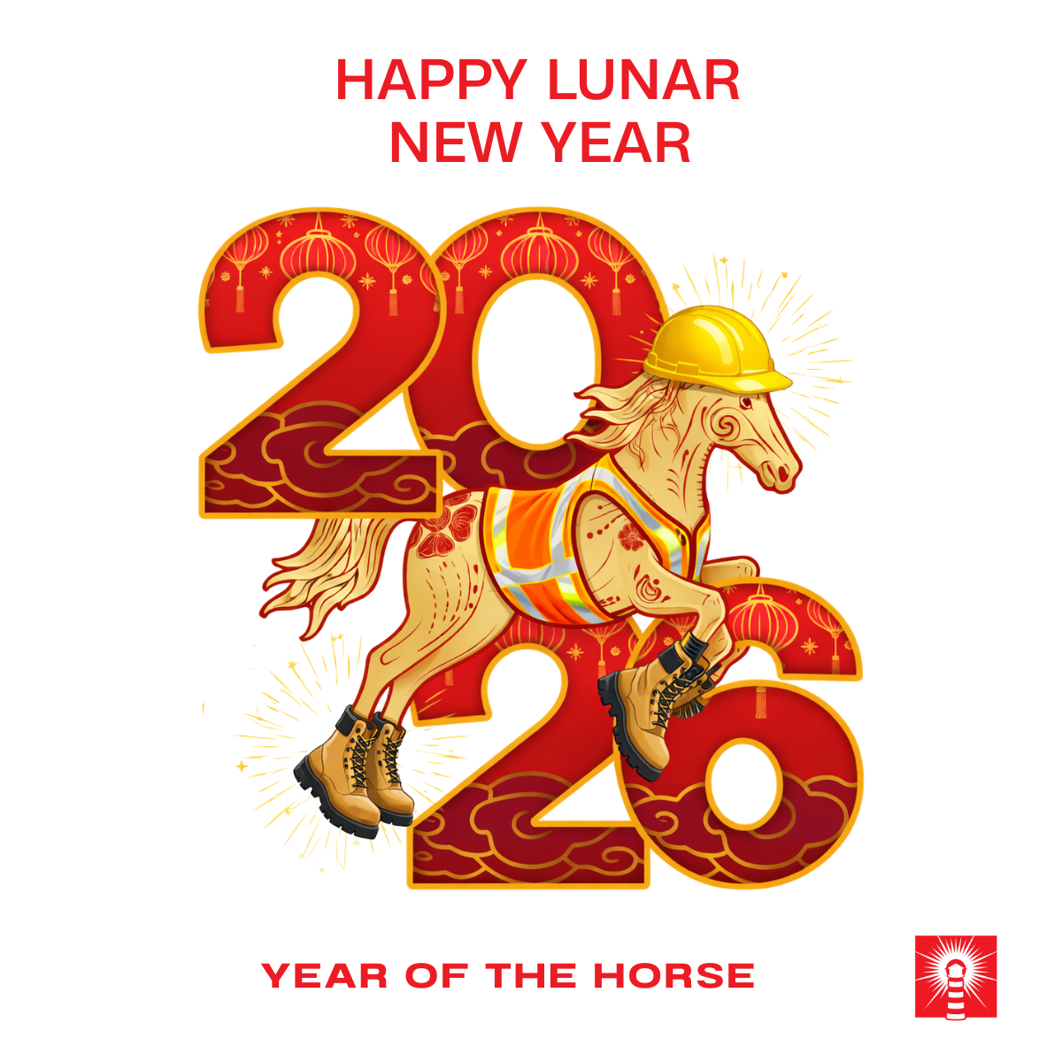 Horse wearing PPE including hard hat, high vis vest and steel toe boots symbolising safety leadership in 2026 Year of the Horse