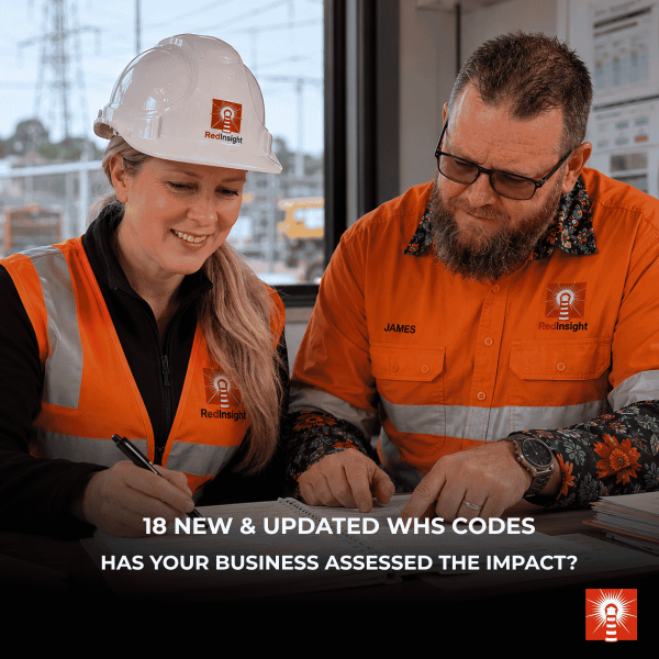 Red Insight Director Monica Toews Brown and Operations Manager James Brown reviewing WHS documentation following the release of 18 new and updated Codes of Practice and upcoming compliance changes from 1 July 2026.