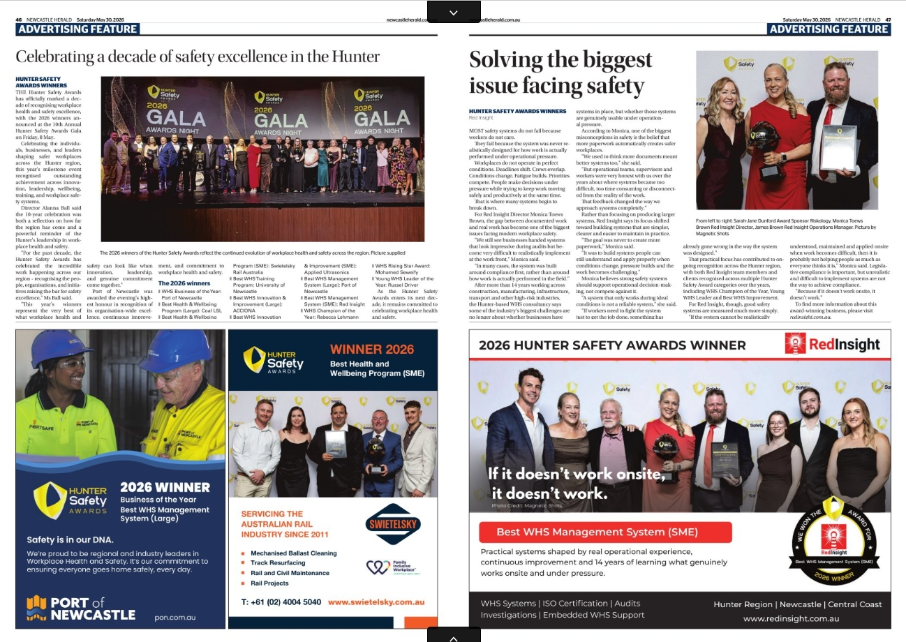 Newcastle Herald Hunter Safety Awards feature highlighting Red Insight's 2026 Best WHS Management System (SME) award win.