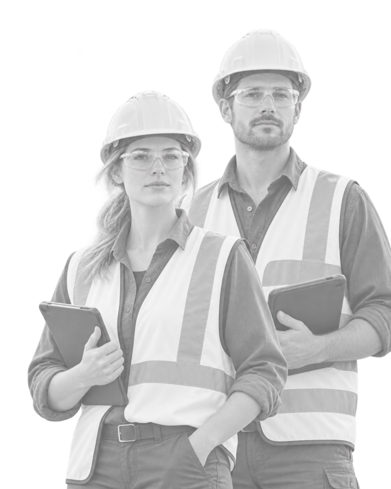 ISO 45001 Support at Every Stage Two construction professionals wearing hard hats and safety glasses holding tablets, representing ISO 45001 support and workplace safety systems.