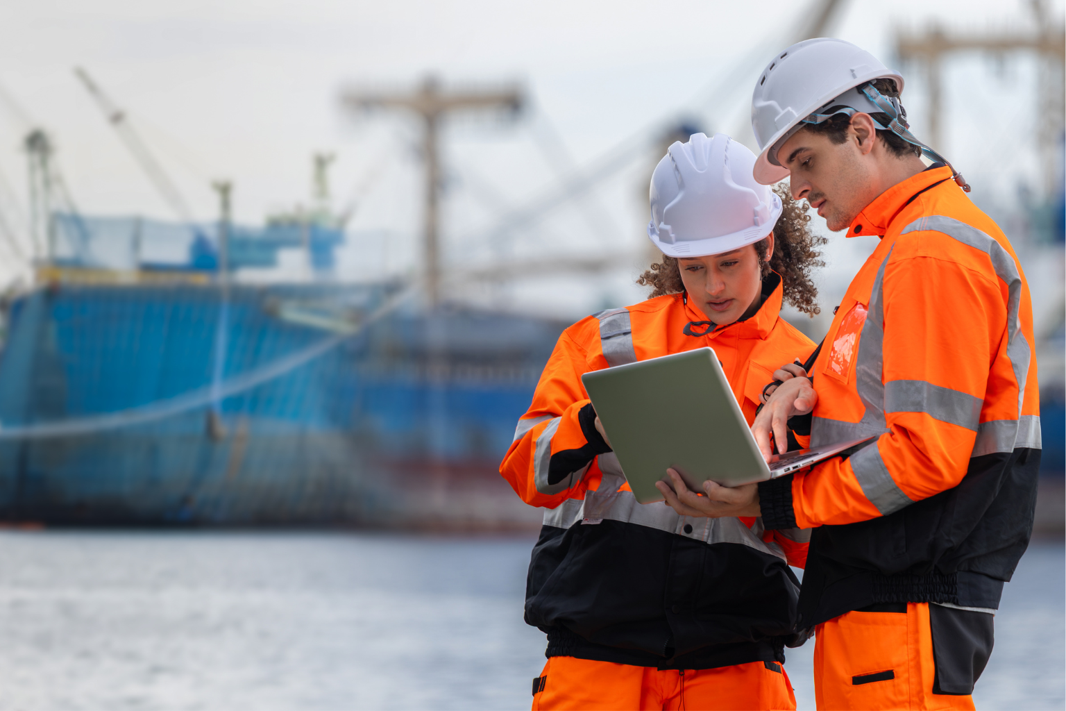 Two workers wearing high-visibility clothing and hard hats reviewing safety information on a laptop at an industrial port.