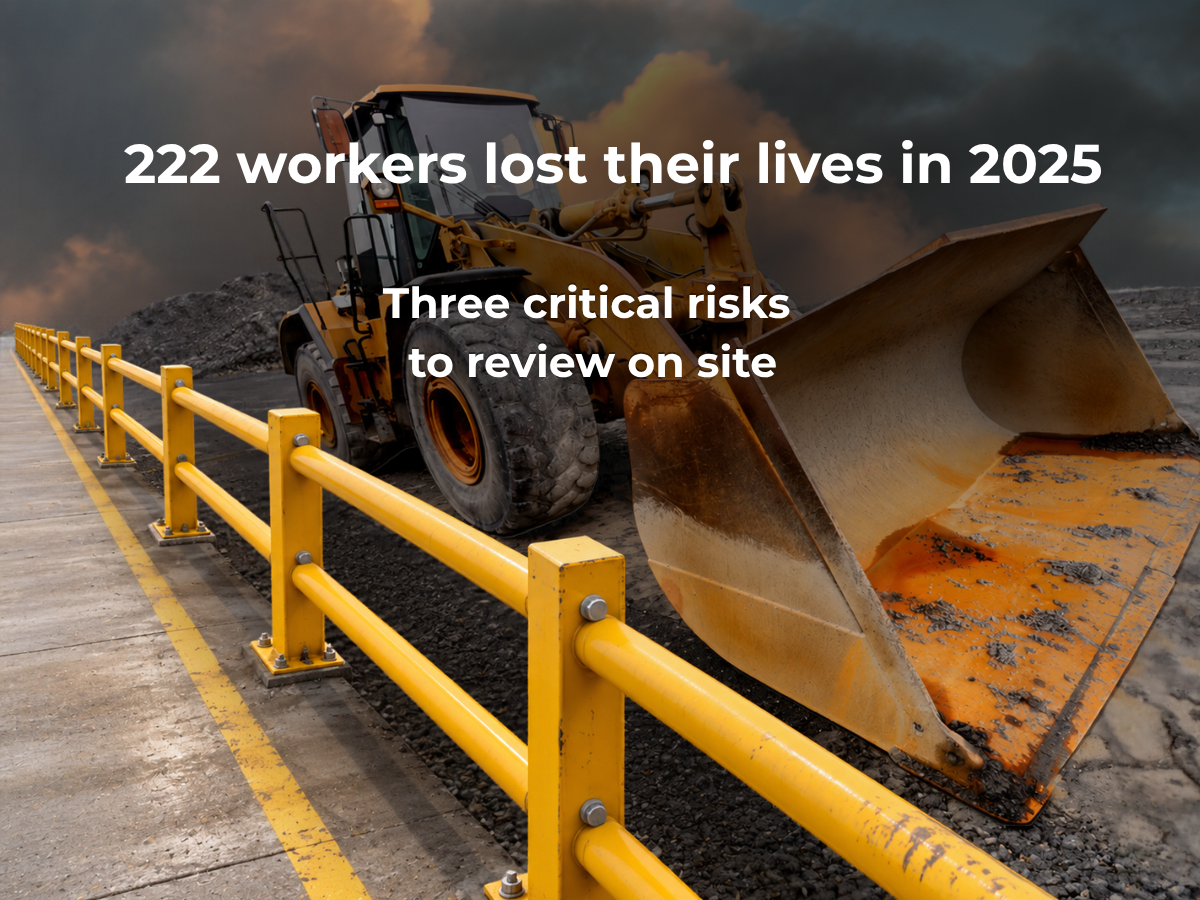 Yellow wheel loader beside a pedestrian walkway separated by a yellow safety barrier, with text reading “Three critical risks to review on site.”