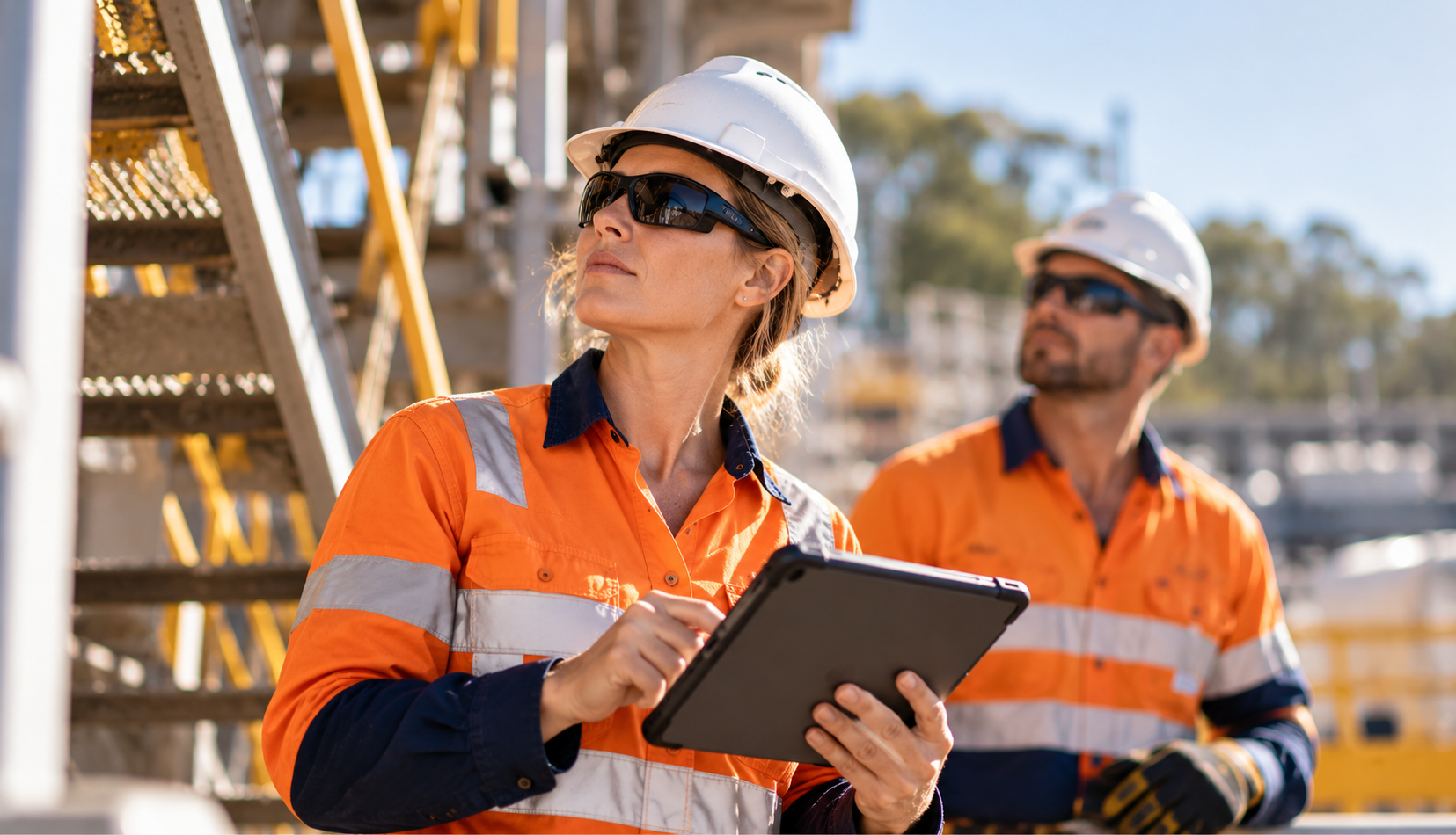 WHS professionals conducting a workplace safety inspection on an Australian industrial site.
